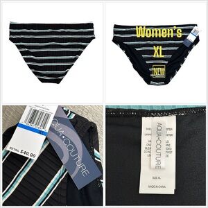 Aqua Couture XL 16 18 Swim Bikini Bottom Hipster Stripe Black Blue Swimwear NWT